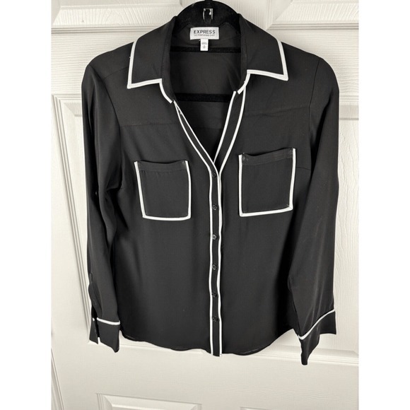 Express The Portofino Shirt Black White Piping Button Up Blouse‎ S Preppy 48-0 - Picture 9 of 12